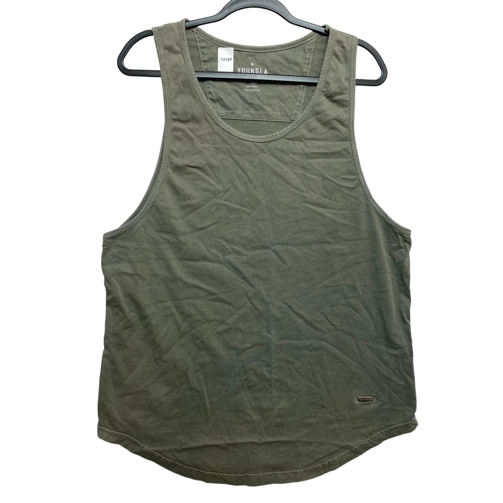 YoungLA Tank Top Womens Large Olive Green Curved Hem Sleeveless MMXIV Logo